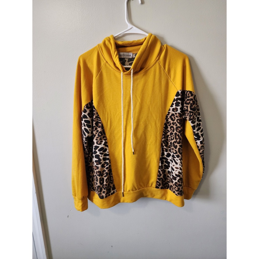 Shadrielle Clothing Mustard Yellow Leopard Print Funnel Neck Hoodie Size Large - Picture 2 of 6
